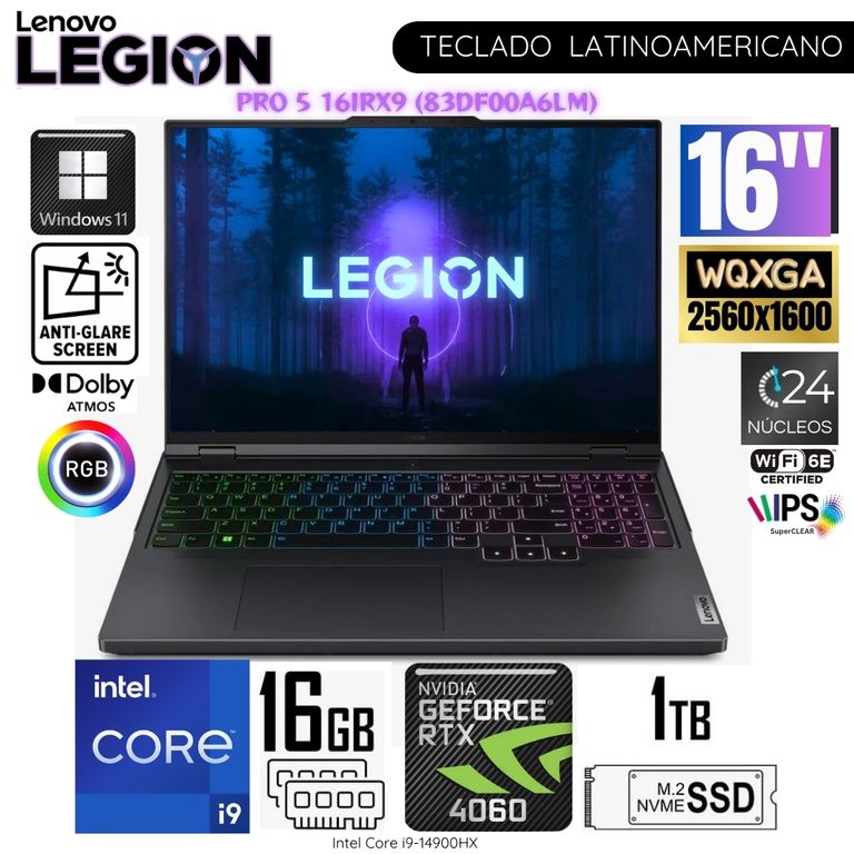 Laptop Legion Pro 5 16IRX9 Intel Core i9-14900HX 16GB RAM 1TB SSD RTX4060-8GB 16" WQXGA IPS WIN11