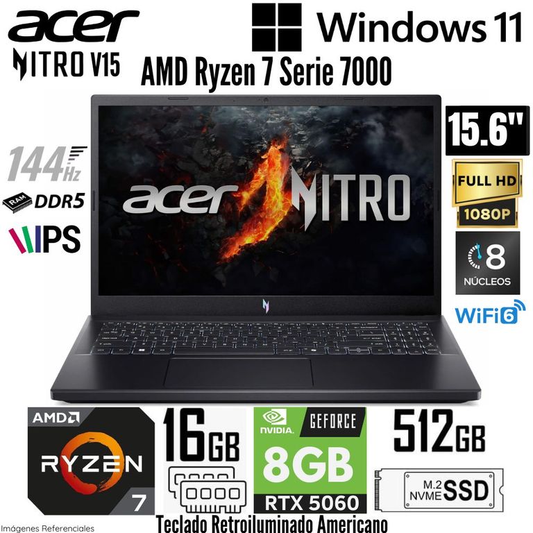 Laptop Nitro V15 ANV15-41-R68F AMD Ryzen 7 7735HS 16GB RAM 512GB SSD RTX 3050-6GB 15.6" FHD 144Hz