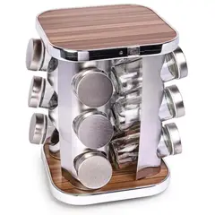 ICHIMATSU - Set de Condimenteros con Tapa de Acero Inoxidable y Base de Madera 12 Piezas