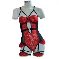 GENERICO - Boddy Encaje para mujer ROJO CON NEGRO Talla ML con correa tiras cuello DEALCOBA