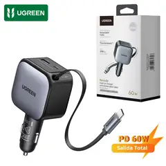 UGREEN - Cargador De Auto Nexode 60w Cable Retractil Carga Rápida PD y QC
