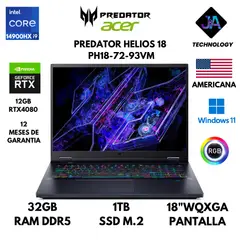 ACER - LAPTOP PREDATOR HELIOS 18 CORE I9-14900HX 32GB RAM 1TB SSD 12GB RTX4080 18" WQXGA AMERICANA
