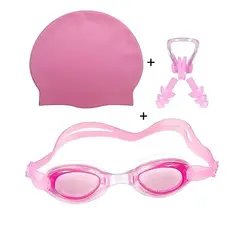 GENERICO - PACK DE LENTES NATACIÓN CON TAPON OÍDOS + GORRO LICRA NIÑOS Rosa