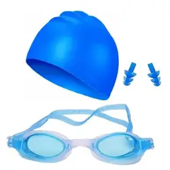 GENERICO - PACK DE LENTES NATACIÓN CON TAPON OÍDOS + GORRO LICRA NIÑOS Azul