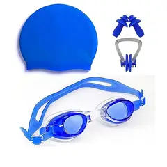 GENERICO - KIT DE LENTES NATACIÓN CON TAPON OÍDOS + GORRO LICRA NIÑOS Azul