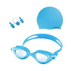 GENERICO - KIT DE LENTES NATACIÓN CON TAPON OÍDOS + GORRO LICRA NIÑOS Celeste