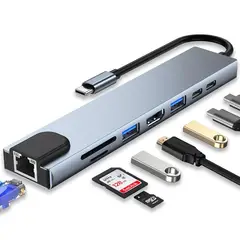 OEM - Adaptador Tipo C 8 en 1 para Laptop y Tablet con HDMI RJ45 USB y Carga Rápida PD