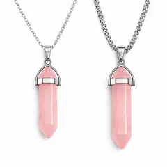 GENERICO - 2 Collares Mujer hombre Péndulo Cuarzo Rosa Piedra Natural Acero Inoxidable parejas
