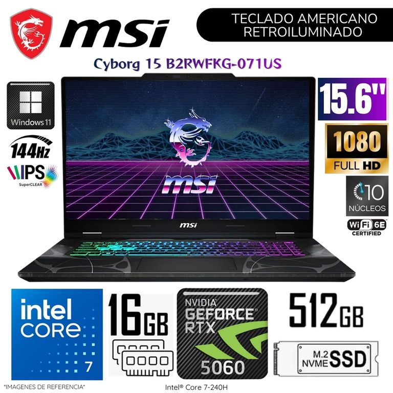 Laptop Cyborg 15 B2RWFKG-071US Intel Core 7-240H 16GB RAM 512GB SSD RTX5060- 8GB 15.6" FHD WIN11