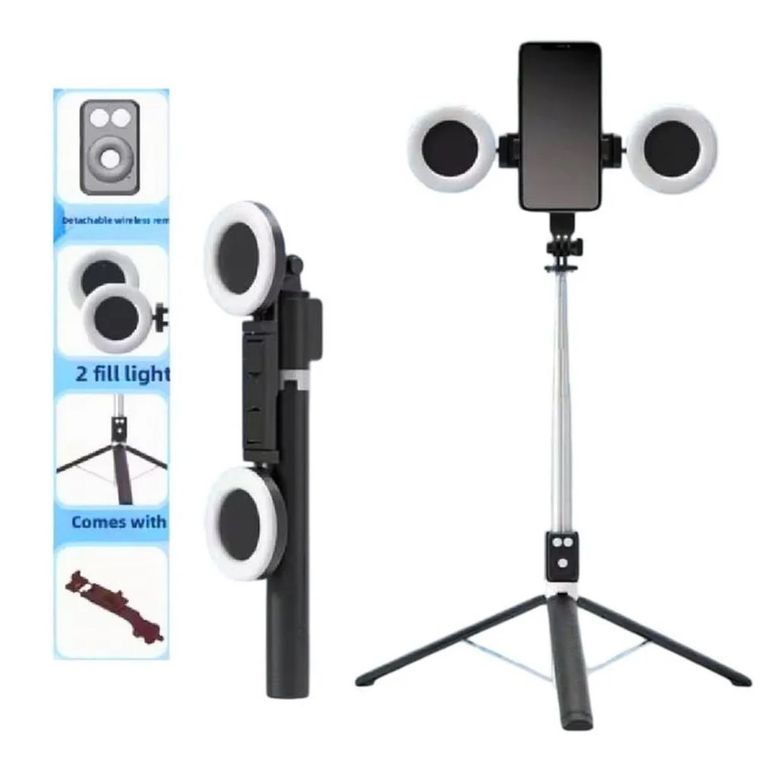 Trípode Palo Selfie Stick con Control Bluetooth Doble Aro Luz Led 1. 70 MT