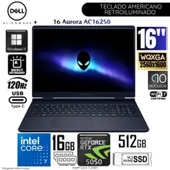 DELL - Laptop ALIENWARE 16 Aurora Intel Core 7 240H 16GB DDR5 RAM 512GB SSD RTX 5050-8GB 16" WQXGA