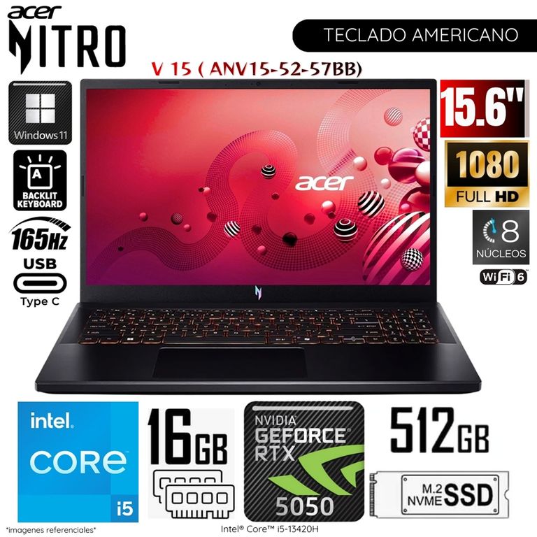 Laptop Nitro ANV15-52-57BB Intel Core i5-13420H 16GB RAM 512GB SSD RTX5050-8GB 15.6" FHD WIN11