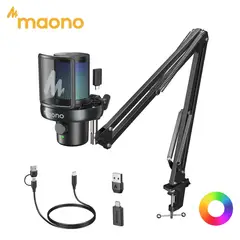 MAONO - Micrófono Dinámico Inalámbrico con Soporte de Brazo Cancelación de Ruido Inteligente