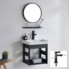 FRATELLI - COMBO PARA BAÑO, VANITORIO - ESPEJO CIRCULAR + MUEBLE FLOTANTE NEGRO -GRIFO MONOMANDO 50X35CM