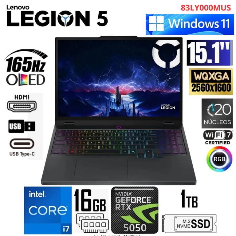 Laptop Legion 5 15IRX10 Intel Corei7-14700HX 16GB RAM 1TB SSD 15.1 RTX5050-8GB - 83LY000MUS