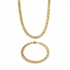 GENERICO - Set Collar y Pulsera Cadena Cubana 8mm Estilo Lomo de Corvina Dorada Acero Enchapado en Oro