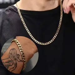 GENERICO - Set Collar y Pulsera Cadena Cubana 6mm Estilo Lomo de Corvina Dorada Acero Enchapado en Oro