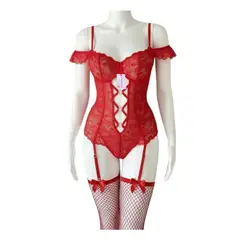 GENERICO - BODY LENCERIA SEXY DE ENCAJE PORTALIGAS ROJO TALLA S