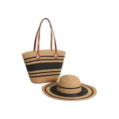 GENERICO - Set de Playa Bolso Grande de Rayas y Sombrero Elegante