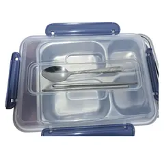 GENERICO - Taper de 4 Compartimientos para Niños y Adultos con Cuchara y Palillos Cubierto Diseño Kawaii