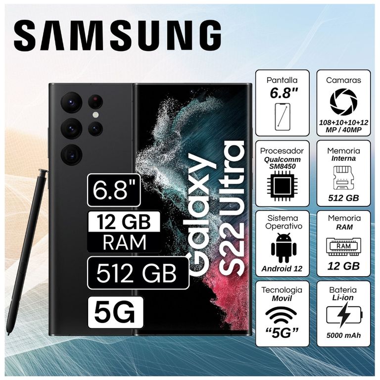 Celular Galaxy S22 Ultra 5G 6.8" Pulg. 12GB RAM 512GB Android 12 - Negro