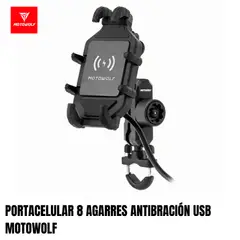 MOTOWOLF - PORTACELULAR CARGA USB INALAMBRICA ANTIVIBACIÓN 8 AGARRES 360° PARA MANILLAR