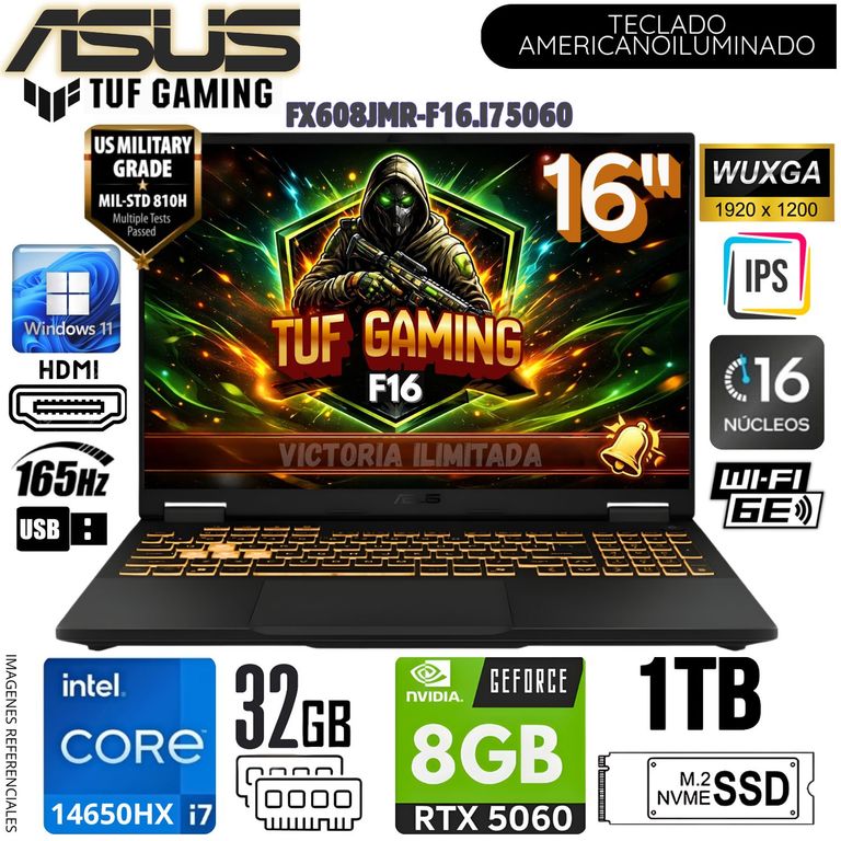 Laptop TUF Gaming F16 FX608JMR Intel Core i7 14650HX 32GB RAM 1TB SSD RTX 5060-8GB 16 WUXGA