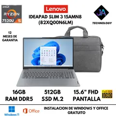 LENOVO - LAPTOP IDEAPAD SLIM 3 15AMN8 AMD R5 7520U 16GB RAM DDR5 512GB SSD 15.6" FHD FREEDOS