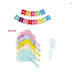 GENERICO - Set de Cumpleaños 10 Platos 10 Tenedores+ 2 Espátulas de Colores