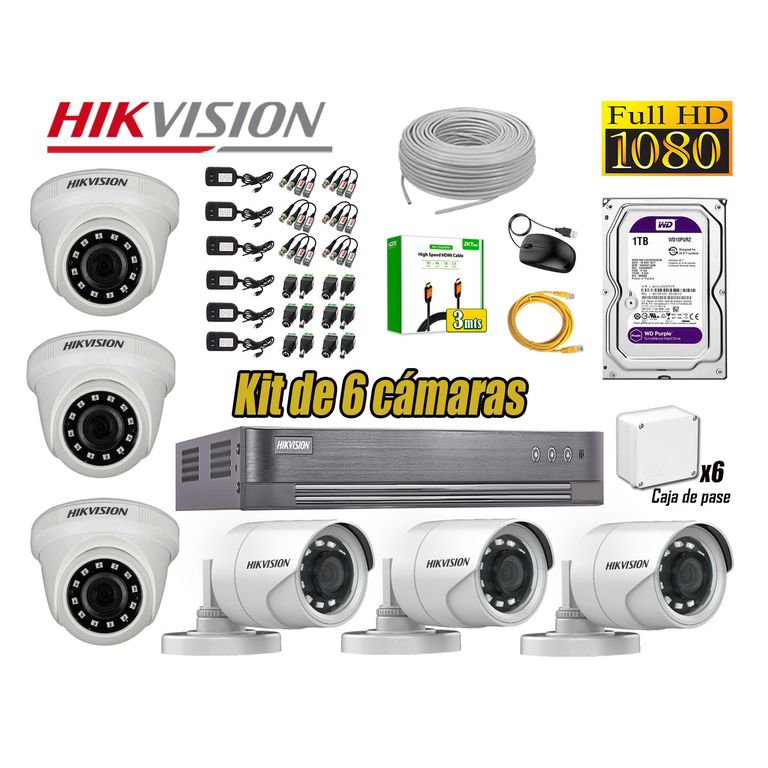 Kit 6 Cámaras de Seguridad Full Hd 1080P HDMI 3M Disco 1TB WD