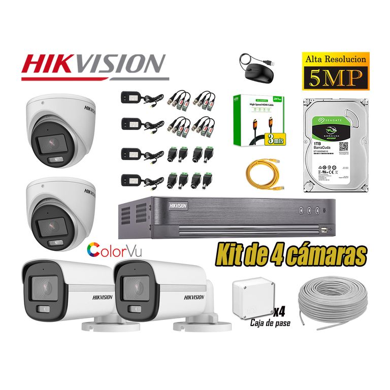 Kit 4 Cámaras 5MP 3K Noche Color Vu Audio Incorporado Disco 1TB HDMI 3M