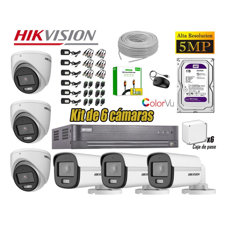 Kit 6 Cámaras 5MP 3K Noche Color Vu Audio Incorporado HDMI 3M Disco 1TB WD