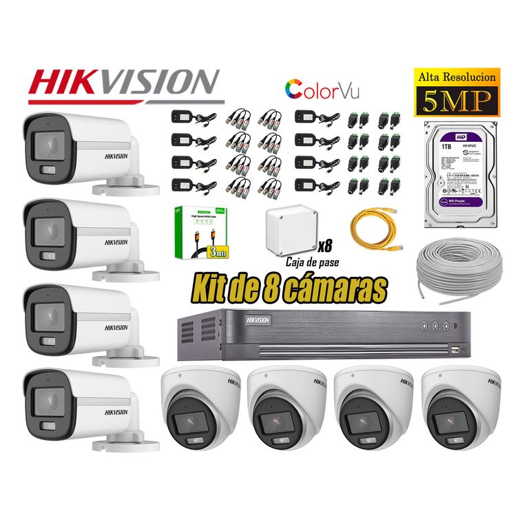Kit 8 Cámaras 5MP 3K Noche Color Vu Audio Incorporado HDMI 3M Disco 1TB WD