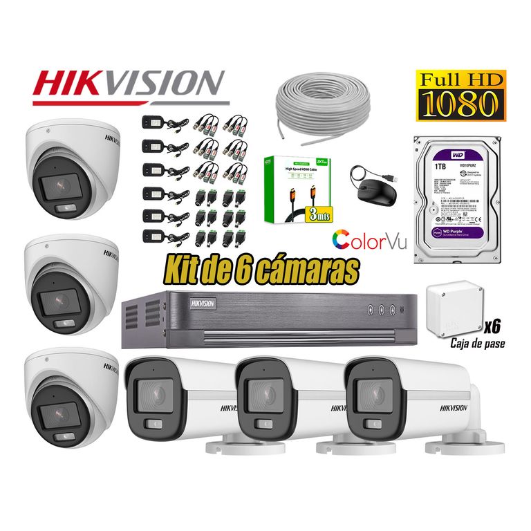 Kit de 6 Cámaras Full Hd Noche Color Vu Audio Incorporado HDMI 3M Disco 1TB WD