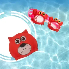 ROHS - Pack Gorro Rojo + Lentes de Natación Con Diseño de Cangrejo Para Niños