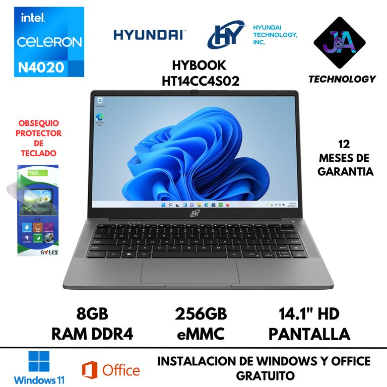 LAPTOP HYBOOK INTEL CELERON N4020 8GB RAM 256GB EMMC 14.1 HD FREEDOS