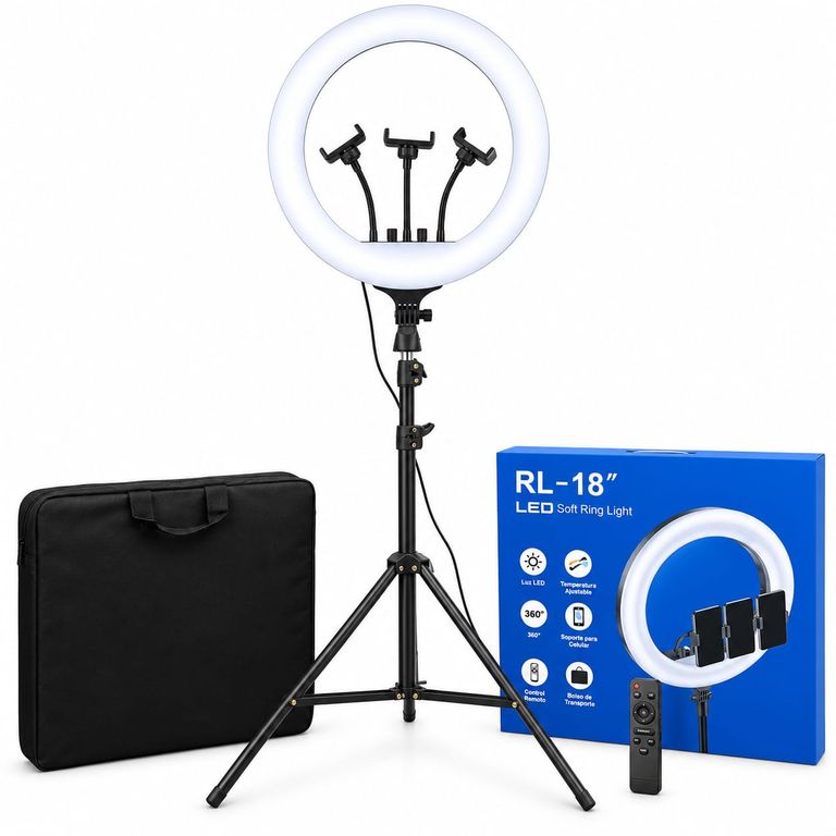 Aro de Luz LED Ring Light 18” RL-18 con Trípode, Control Remoto y Soportes para Celular
