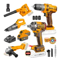 INGCO TOOLS - Combo Llave Impactobl+aspiradora+taladro+amoladora+sopladora Naranja Claro