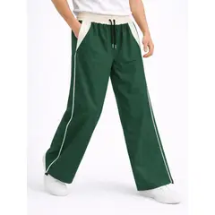 ENKI - Pantalón Parachute Ancho Hombre Tela Nova Bicolor Verde Estilo Urbano