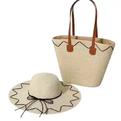 GENERICO - Set de Playa Bolso Grande de Rayas con Sombrero Elegante