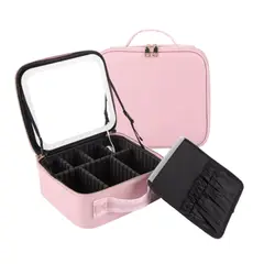 GENERICO - Organizador Neceser Glam con Divisiones + Espejo LED Recargable NEGRO Y ROSA