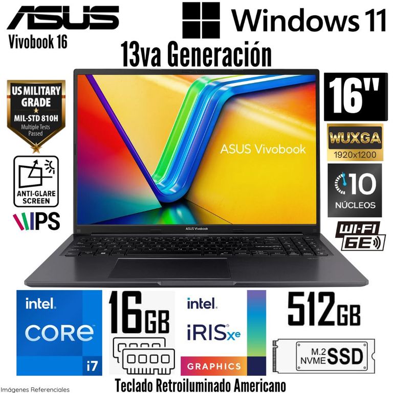Laptop Vivobook 16 F1605VA-WS74 Intel Core i7-1355U 16GB RAM 512GB 16" WUXGA - Indie Black