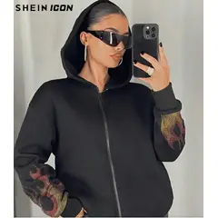 GENERICO - Polera Oversize Negra con Capucha y Detalle Flamas