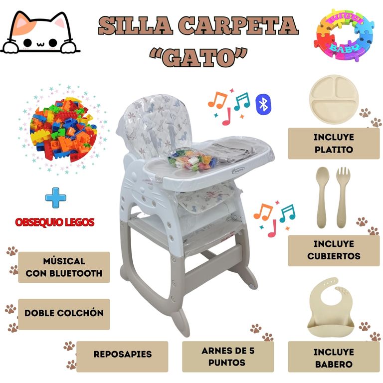 SILLA CARPETA RECLINABLE GATO 3 EN 1 MUSICAL CON BLUETOOTH - BEIGE
