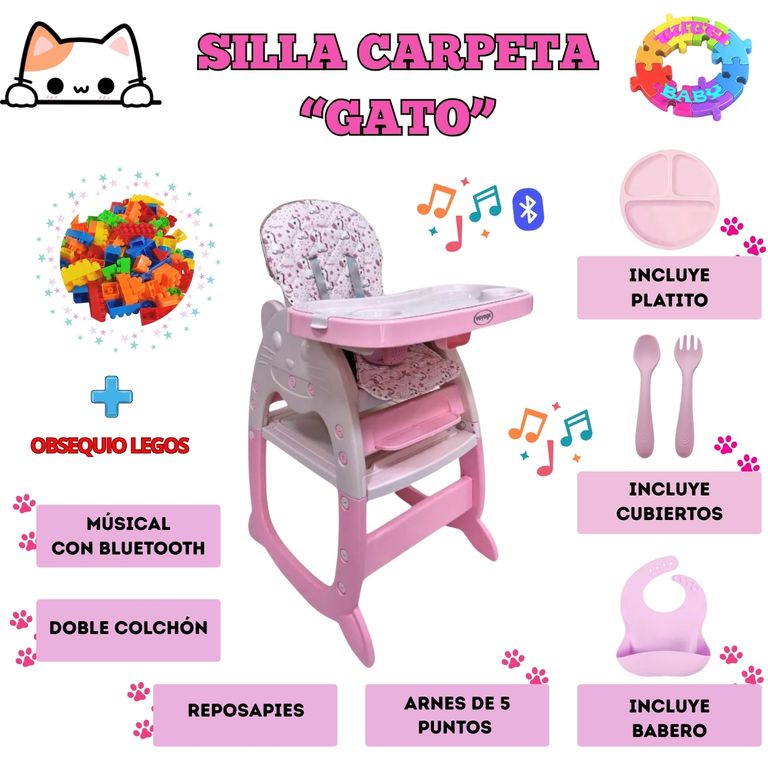 SILLA CARPETA RECLINABLE GATO 3 EN 1 MUSICAL CON BLUETOOTH - ROSADO