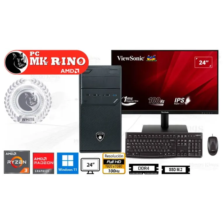 Computadora Enovu Ryzen 3 3200G Elegant 550M 8GB 500GB SSD 24" Radeon Graphics Windows 11 Pro