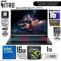 ACER - Laptop Nitro V16S ANV16S-71-7771 Intel® Core™ 7-240H 16GB RAM 1TB SSD 16 Pulg WUXGA RTX5060-8GB WIN11