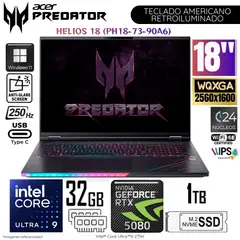ACER - Laptop Helios 18 PH18-73-90A6 Intel Core Ultra 9-275H 32GB RAM 1TB SSD 18" Pulg. WQXGA RTX5080-16GB WIN11