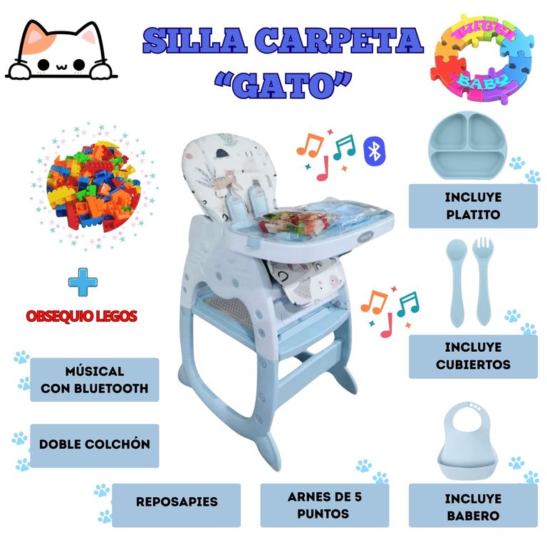 SILLA CARPETA RECLINABLE GATO 3 EN 1 MUSICAL CON BLUETOOTH - CELESTE