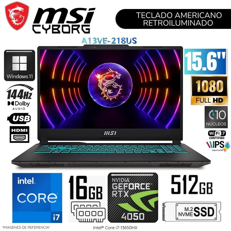 Laptop Cyborg A13VE-218US Intel Core i7-13620H 16GB RAM 512GB SSD RTX4050-6GB 15.6" Pulg. FHD WIND11